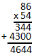 The image shows the multiplication problem 86 times 54, and is broken into 86 times 4 equals 344, 86 times 50 equals 4300; 344 plus 4300 equals 4644.